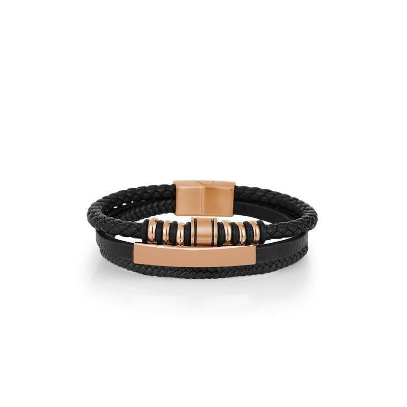 Daniel Klein Gents Black & Rose Gold Leather Bracelet